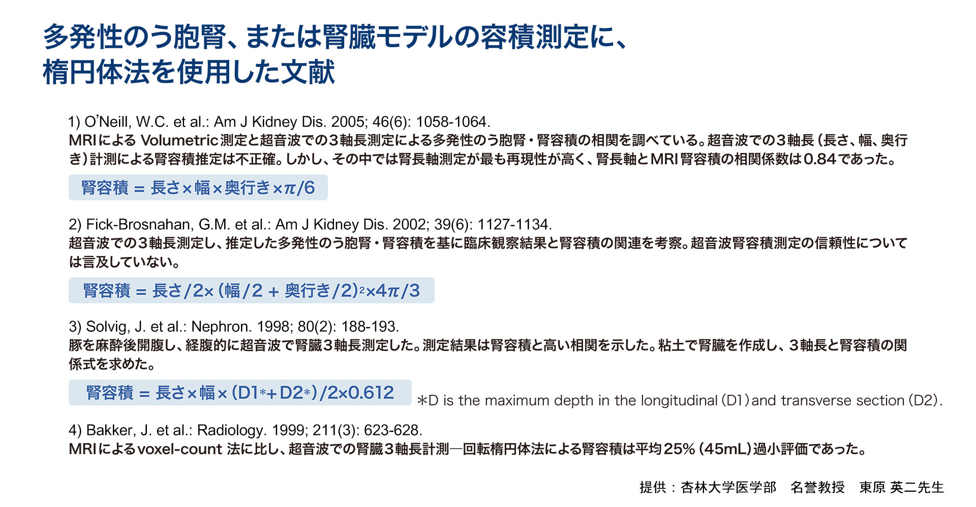 多発性のう胞腎、または腎臓モデルの容積測定に楕円体法を使用した文献