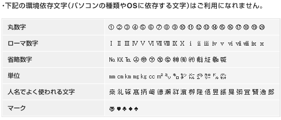 ※下記の特殊文字（パソコンの種類やOSに依存する文字）はご利用になれません。